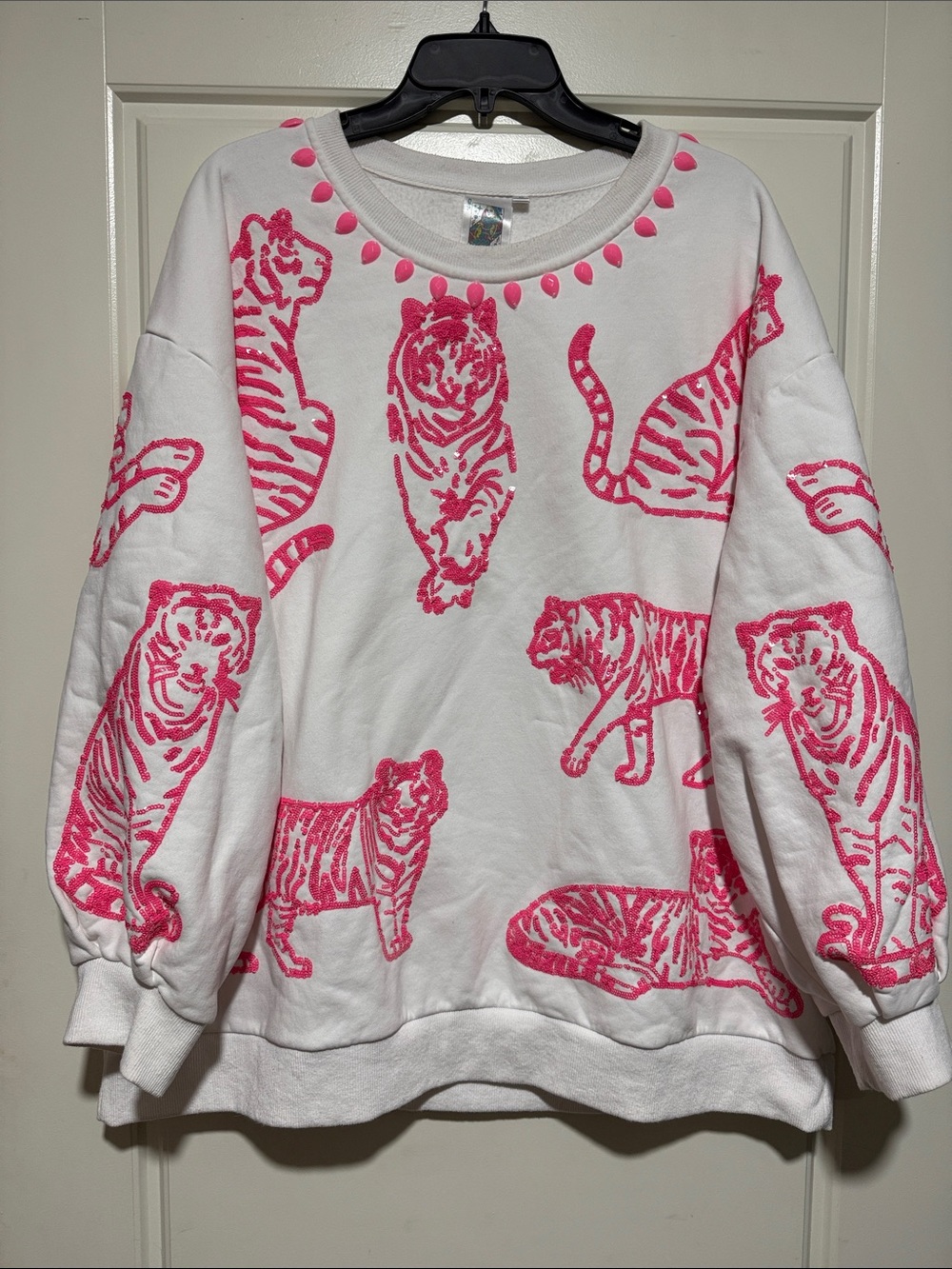 QOS Neon Pink Tiger Sweatshirt large embellished sequins